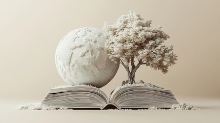 Wall Mural - sophisticated 3d illustration for world book day featuring an open book with a globe and stylized tr
