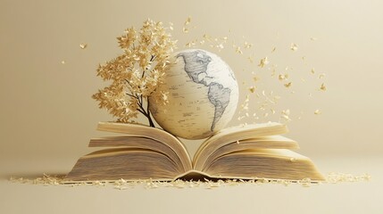 Wall Mural - sophisticated 3d illustration for world book day featuring an open book with a globe and stylized tr