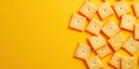 Colorful cheese crackers arranged on a vibrant yellow background, perfect for snack-related themes and food photography.