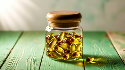 Wall Mural - A jar of fish oil pills sits on a wooden table