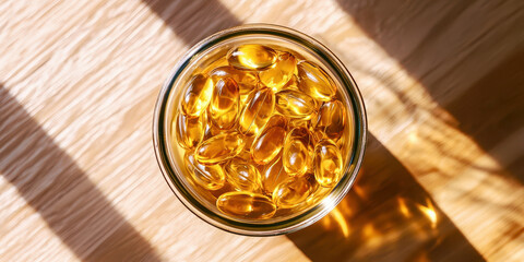 Wall Mural - A bowl of fish oil capsules on a wooden table