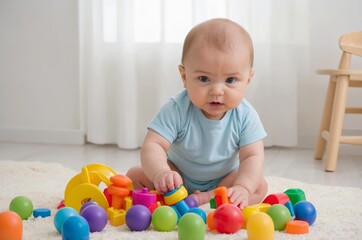 Charming Caucasian baby boy playing with colorful toys on soft rug