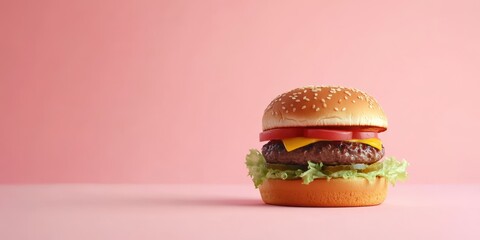 Delicious hamburger with lettuce, tomato, cheese, and sesame seed bun on a vibrant pink background, perfect for food lovers.