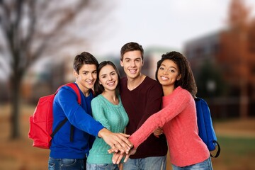 Wall Mural - Walking, happy student friends at university with fun.