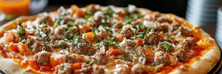 Delicious pizza topped with savory sausage, fresh herbs, and gooey cheese, perfect for any meal or gathering.