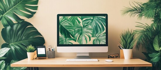 Wall Mural - modern home office desk with a computer, plants, and office supplies.
