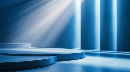 Poster - The image shows a blue room with three large blue cylindrical pillars. The pillars are illuminated by sunlight streaming in from the left and right.