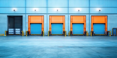 Modern warehouse with bright orange loading docks and clean floor space, ideal for logistics and industrial use.