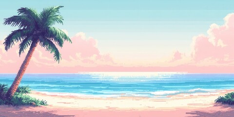 Wall Mural - serene beach scene with a palm tree and gentle waves under a pastel sky. ideal for relaxation and tr