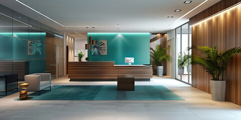 A sleek, modern bank lobby with warm wood accents and pops of teal, showcasing minimalist design.