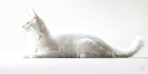 A white cat is laying on a white surface