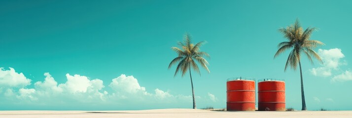 Wall Mural - two red barrels sit under palm trees on a tranquil beach, with a clear blue sky and white clouds cre