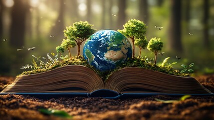 Wall Mural - stunning 3d illustration for world book day featuring a large open book with a vibrant globe and lus