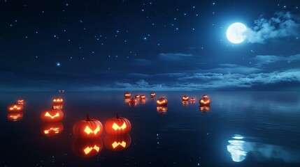 Wall Mural - A magical Halloween night scene with glowing pumpkins floating on a calm lake. The reflection of the pumpkins on the water, combined with the full moon .