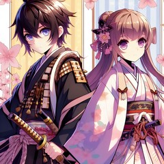 Wall Mural - Anime boy and girl in samurai uniform style in Vertical background.