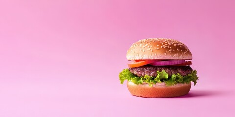 Wall Mural - A delicious hamburger with fresh lettuce, tomato, and onion, presented on a vibrant pink background, ideal for food photography.