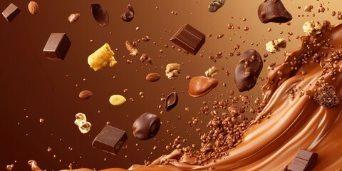 Wall Mural - A dynamic splash of chocolate with assorted chocolate pieces floating in motion, creating a tempting and delicious visual feast.