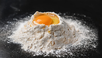 Wall Mural - Flour and fresh chicken eggs on black table. Cooking process.