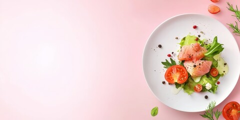 A vibrant gourmet salad featuring fresh greens, tomatoes, and delicate salmon on a stylish plate against a pastel background.