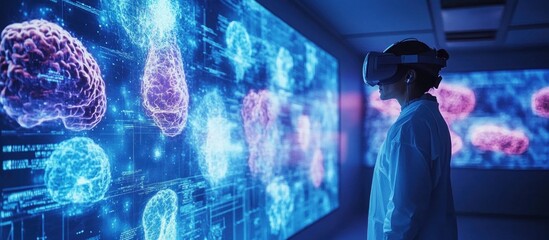 Wall Mural - woman in vr headset examining blue and pink brain models on screen.
