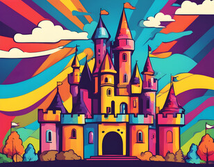 colorful castle with cool isolated pop art style background