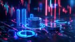 © Paul - A futuristic setting with coins stacked on holographic financial charts, glowing blue lines represent stock growth and technological advancements in finance