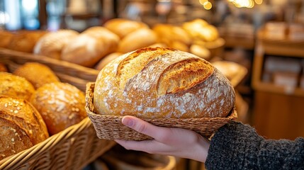 A hand holding a warm, freshly baked bread loaf just taken from a store shelf, baskets of other breads in the background, with cozy, inviting lighting