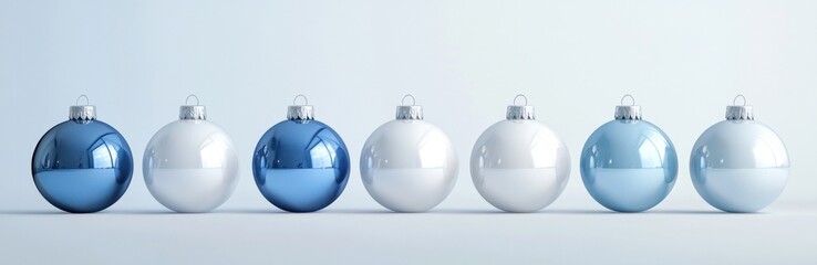 Blue and white Christmas baubles arranged in row. Festive decor. Banner.