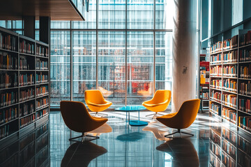 Poster - Modern Public Library with Floor-to-Ceiling Windows and Minimalistic Design  