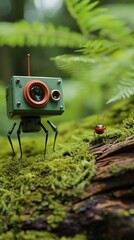 Wall Mural - Robot with a red eye and spindly legs stands on a moss-covered surface in a lush green forest, encountering an insect with long antennae