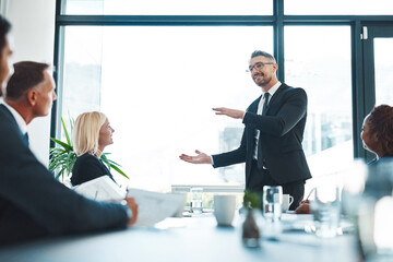 Poster - Meeting, proposal and business people in office with ceo, ideas or development of sales pitch. Leadership, collaboration and corporate team in conference room together for advice, support and growth.