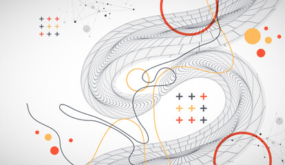Poster - Template for science and technology presentation. Wireframe waves. Plexus style background.
