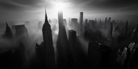 Canvas Print - Black and white cityscape with fog and light.