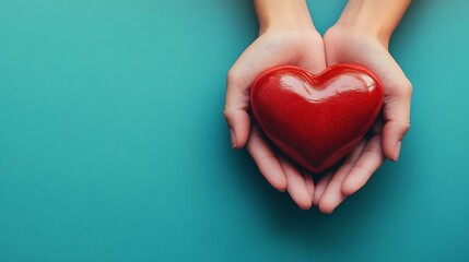 Wall Mural - touching scene of adult and child hands embracing a red heart set against an aqua background embodyi