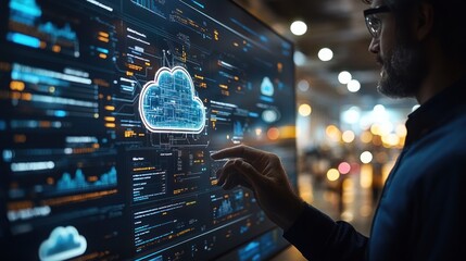 A man in glasses interacts with a large screen displaying a cloud computing icon and data visualizations.