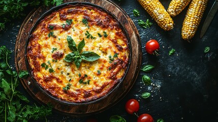 Rustic Corn Casserole in a Wooden Dish