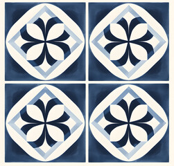 Vintage Floor Blue floral Tile geometric design with ornamental element. Traditional Portuguese azulejo motifs.