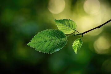 A single green leaf on a branch with a blurred background