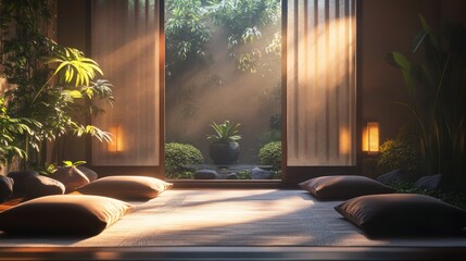 Sticker - Peaceful Japanese-style room with cushions.