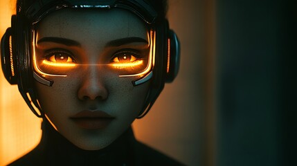 Wall Mural - immerse in a futuristic cyberpunk world with a woman wearing a glowing vr headset. dark environment 