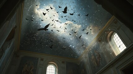 Wall Mural - Bathhouse ceiling mosaic with sky and birds soft sunlight enhancing depth and detail