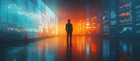 Wall Mural - silhouette of a man standing in a dark room with glowing digital screens displaying data and graphs.