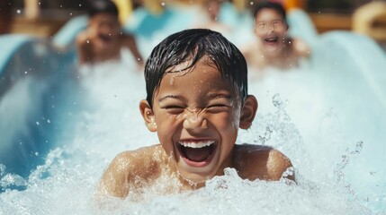 Joyful young boy laughing and splashing on a log flume ride at a vibrant amusement park experiencing the thrill and excitement of the water attraction