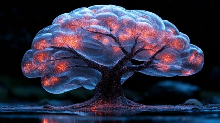 Sticker - Glowing tree of life is standing by the water in a fantasy world, with a dark background. The tree is surrounded by a blue aura