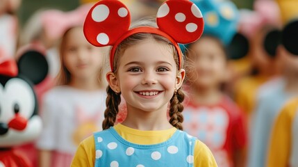 Joyful young girl with bright costume ears watching with excitement the colorful parade of costumed characters and festive floats at a vibrant theme park event