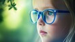 © Steve - Young child wearing blue glasses focusing on distant tree outside window, symbolizing myopia prevention and importance of outdoor activities.