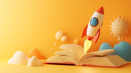 Wall Mural - vibrant 3d illustration of a rocket soaring from an open book set against a sunny yellow background 
