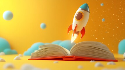 Wall Mural - vibrant 3d illustration of a rocket soaring from an open book set against a sunny yellow background 