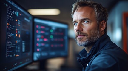 A man in a blue jacket sits in front of a computer screen, looking intensely at the camera. He is working on a project and has a serious expression on his face.