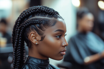 Close up skilled hairstyling of meticulously braided hair of afro American female client in the barber salon. Black healthy hair culture and Style. Stylish therapy professional care concept.